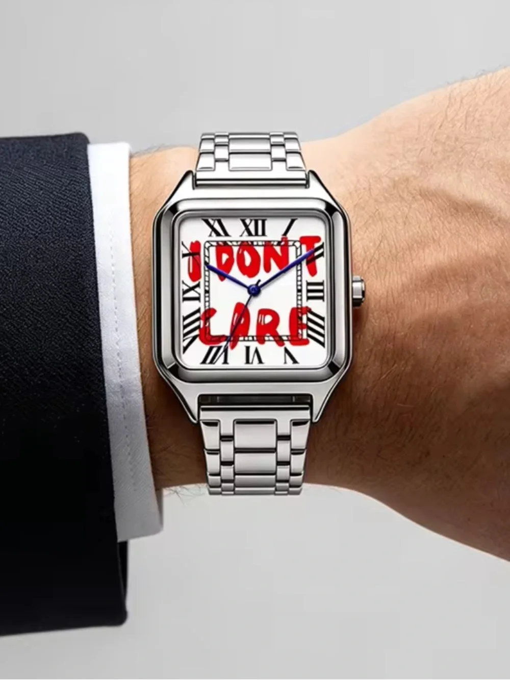 Men’s Silver Stainless Steel Bracelet Watch with White Dial and Red Accent
